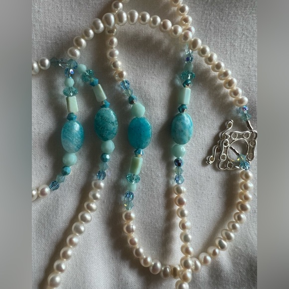 🌸🌸Pearl, Larimar & Swarovski 30” Necklace 🌸🌸 - Picture 10 of 12